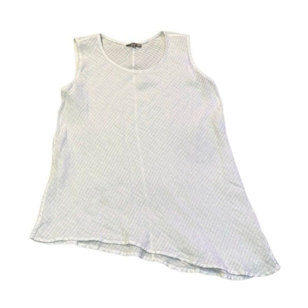 FLAX Womens Size Large White 100% Linen Asymmetrical Hem Tank Lagenlook Coastal